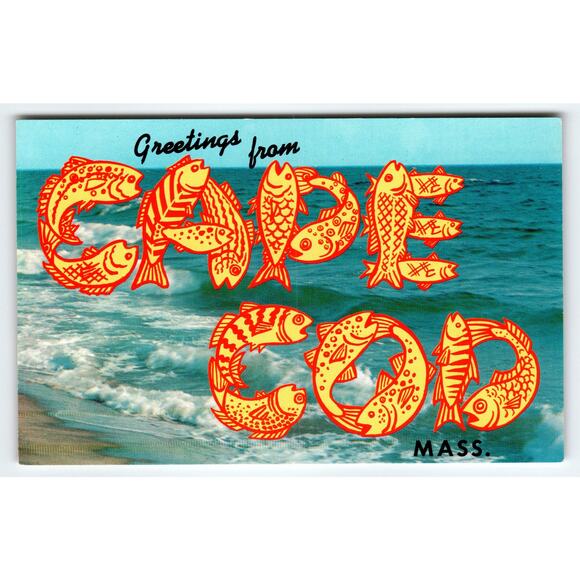 Vintage Greetings From Cape Cod Fish Letters Postcard Mass. Chrome Large Letter - Picture 1 of 2